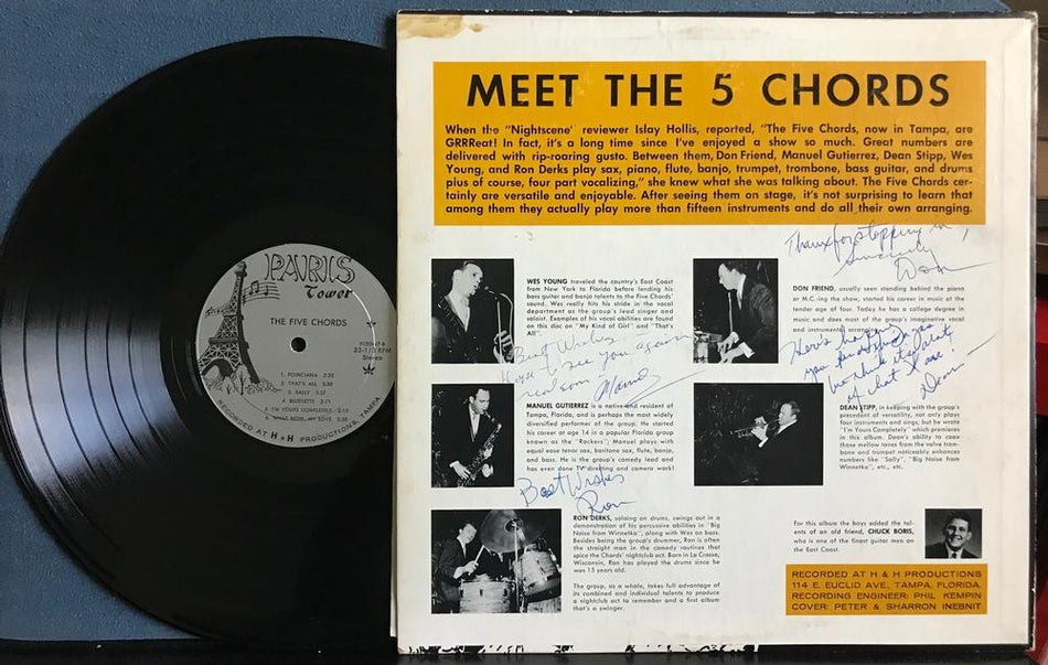 5 FIVE CHORDS TAKE OFF~SIGNED AUTOGRAPHED VINYL LP~PARIS TOWER~TAMPA, FLORIDA