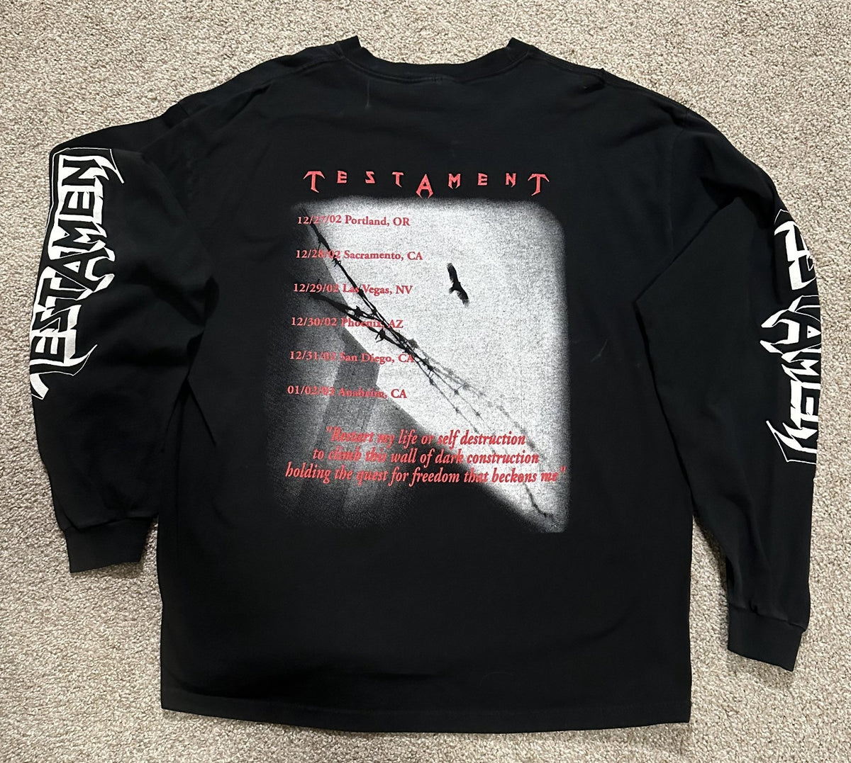 TESTAMENT CONCERT LONG SLEEVE T-SHIRT~2002 TOUR~BLACK~XL~EXC COND~VINTAGE~RARE