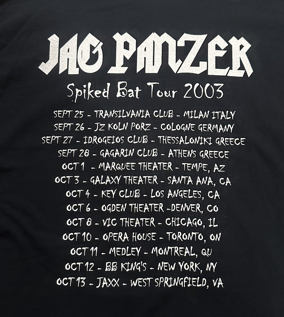 JAG PANZER CONCERT LONG SLEEVE T-SHIRT~2003 SPIKED BAT TOUR~BLACK~XL~EXC~VTG