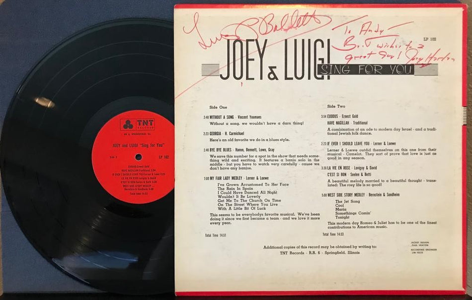 JOEY AND LUIGI SING FOR YOU~SIGNED ORG TNT COMEDY LP~AUTOGRAPHED~HARLAN~BALLETTO