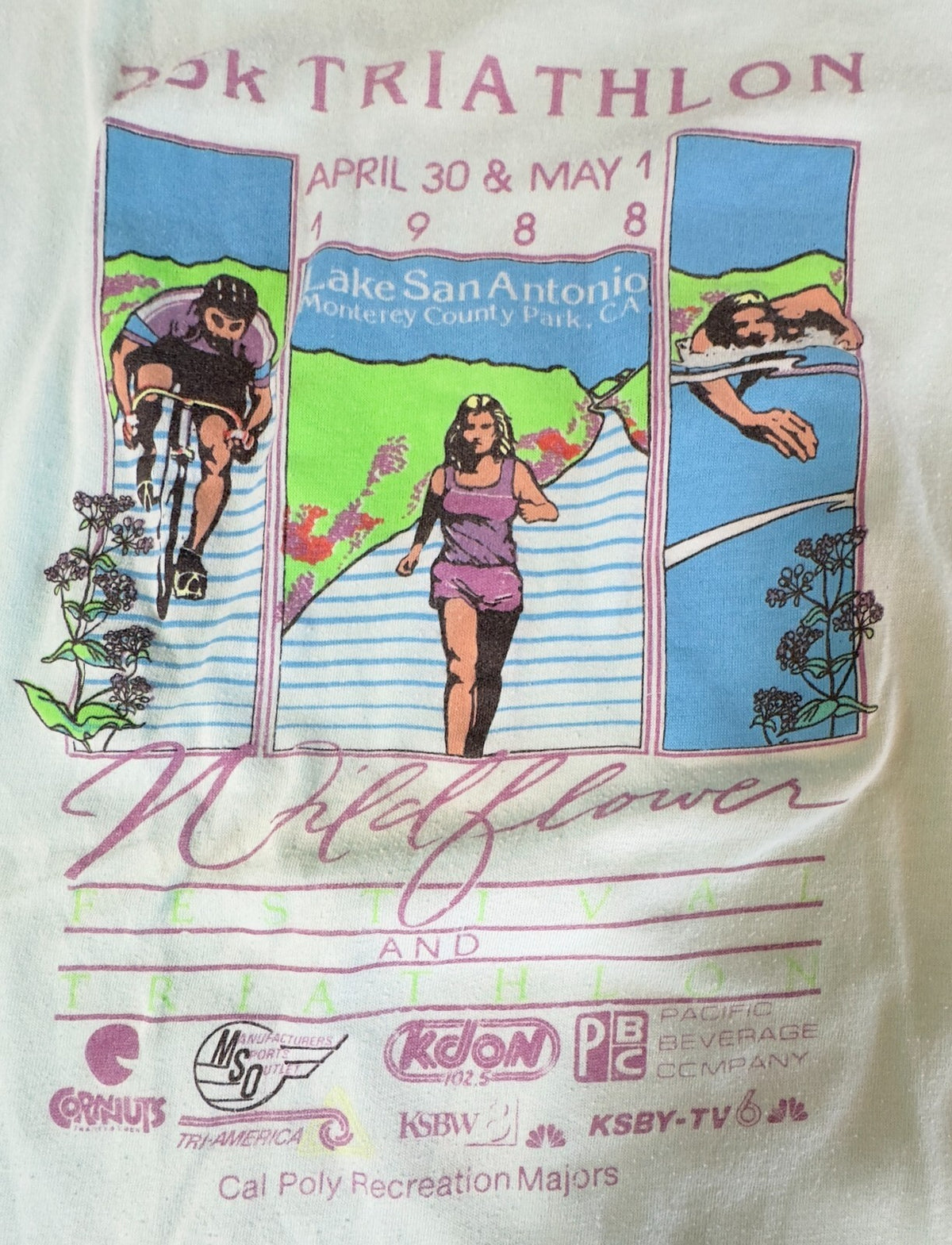 VTG 1988 WILDFLOWER 25K TRIATHALON T-SHIRT~LAKE SAN ANTONIO, CALIF~S/M~LIGHT BLU