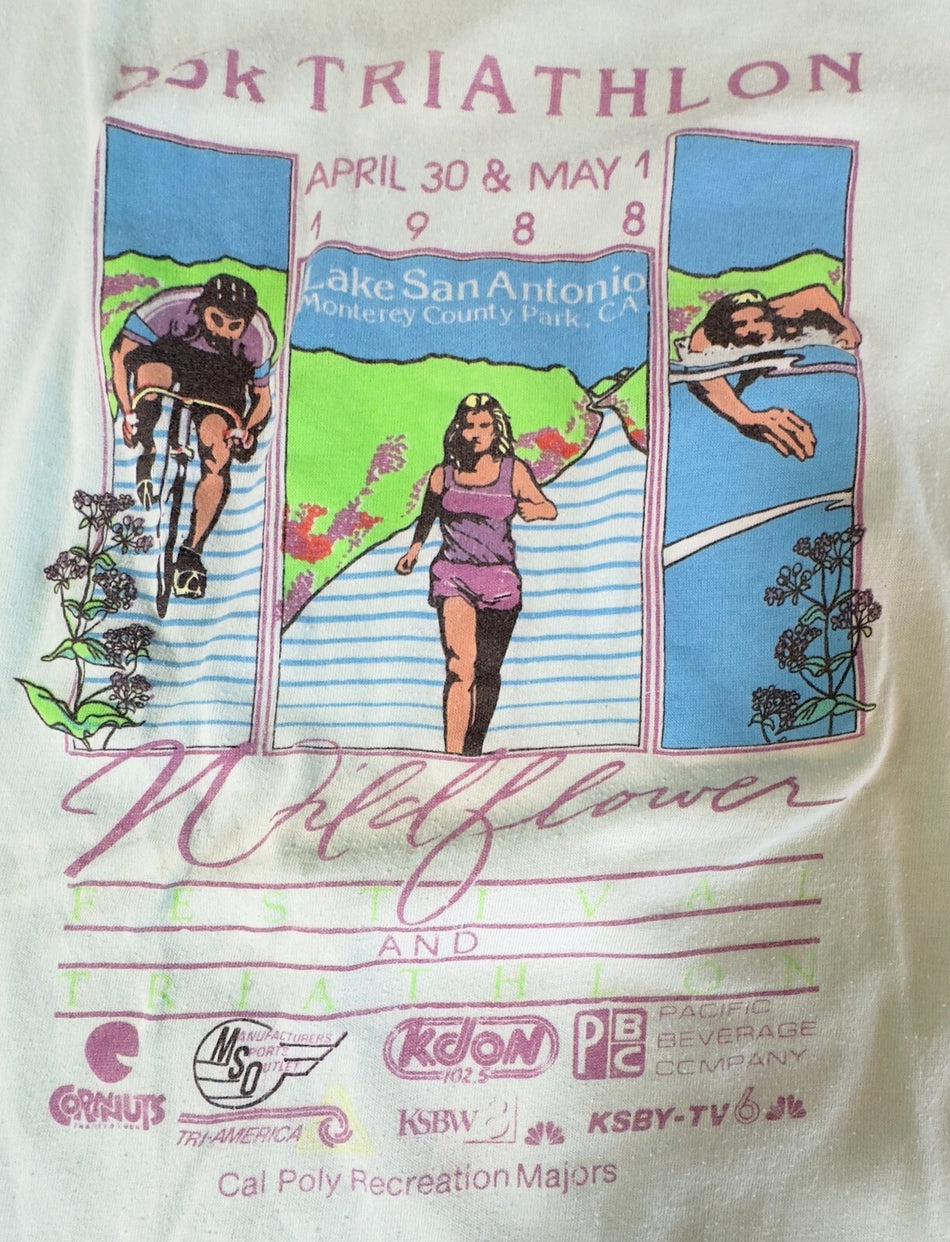 VTG 1988 WILDFLOWER 25K TRIATHALON T-SHIRT~LAKE SAN ANTONIO, CALIF~S/M~LIGHT BLU