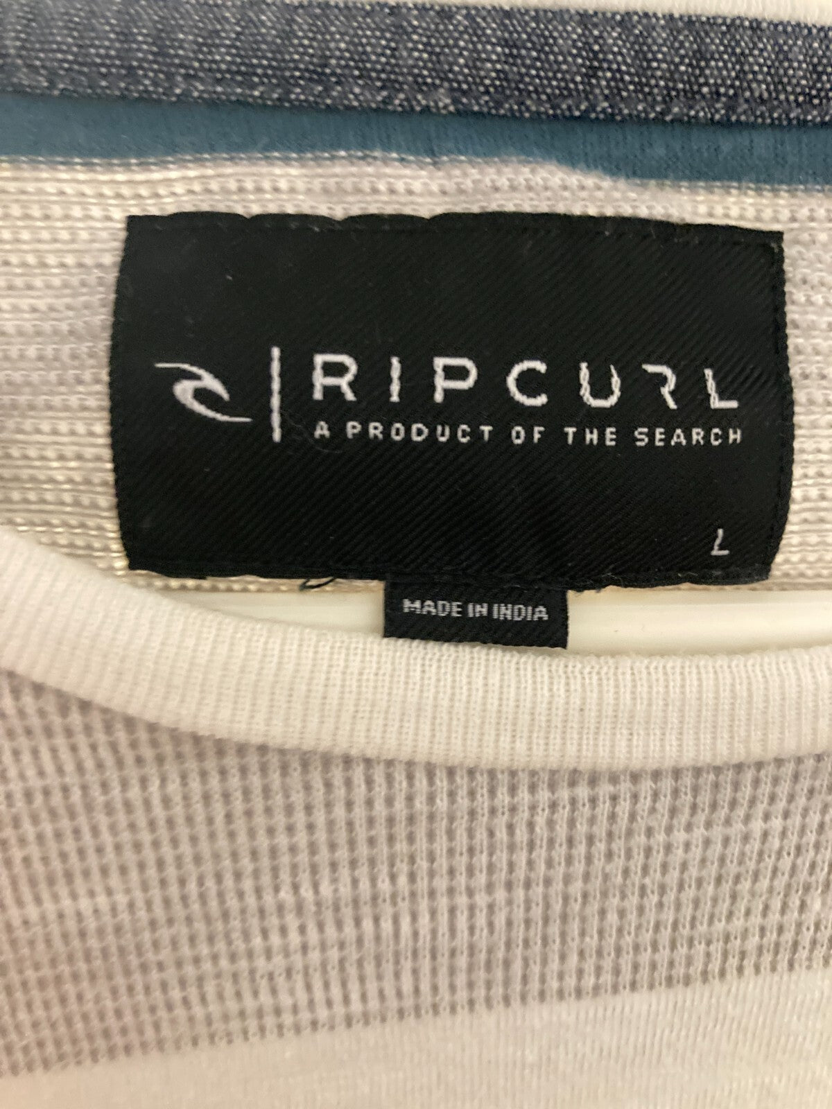 RIP CURL STRIPED CASUAL CREW NECK POCKET T-SHIRT~LARGE~GREEN WHITE & GRAY~EXC