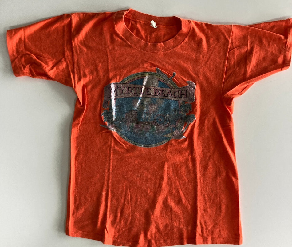 VTG 70s MYRTLE BEACH GLITTER IRON-ON TRANSFER SINGLE-STITCH SHIRT~MAYO SPRUCE~MD