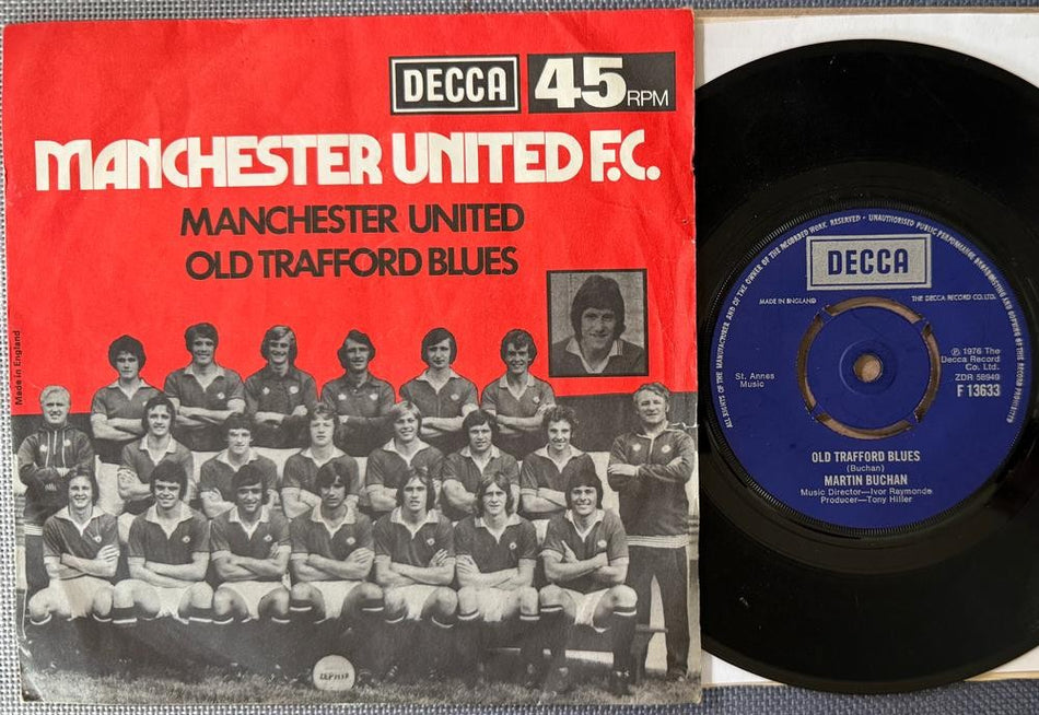 MANCHESTER UNITED F.C~OLD TRAFFORD BLUES 1976 UK DECCA PIC SLV 45~MARTIN BUCHAN