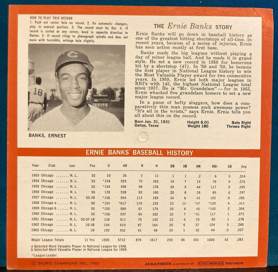 ERNIE BANKS STORY~UNPUNCHED 1964 CARDBOARD RECORD~AURAVISION 33 1/3~UNPLAYED! EX