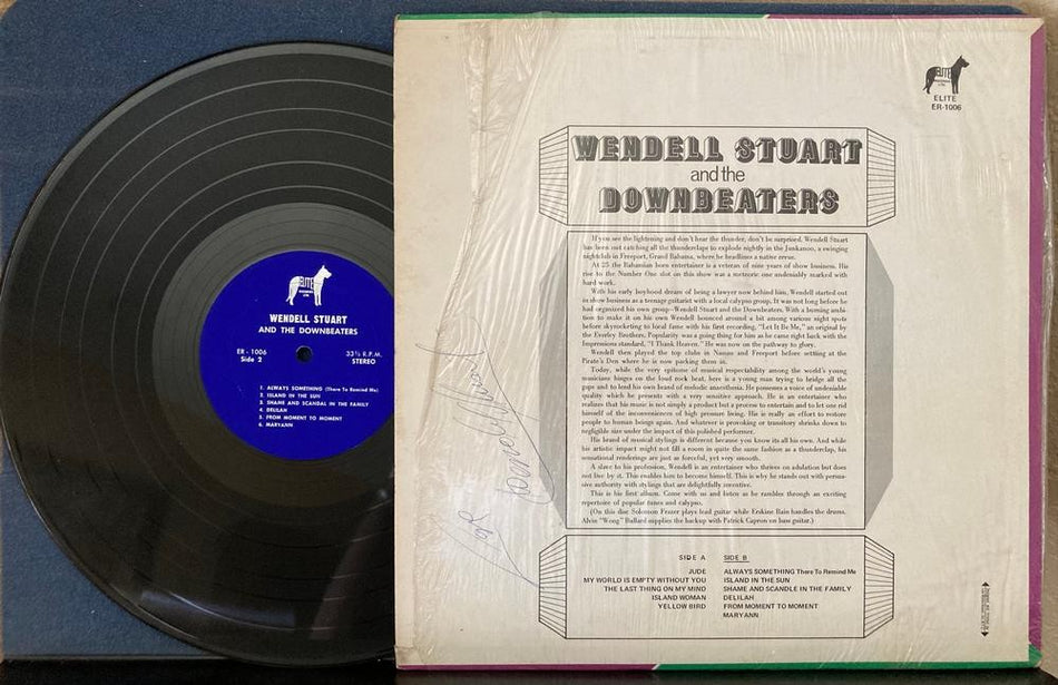 WENDELL STUART AND DOWNBEATERS~RARE SIGNED 1969 CALYPSO LP~SHRINK~NAPKIN~REGGAE