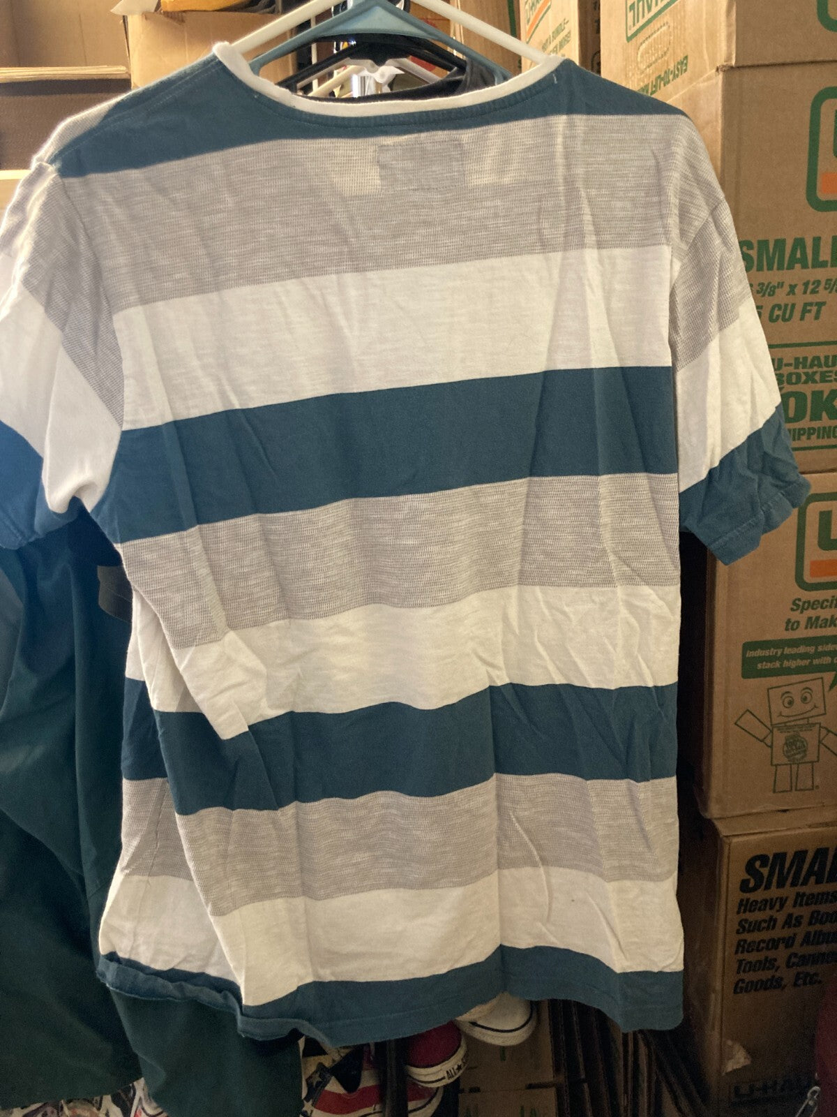 RIP CURL STRIPED CASUAL CREW NECK POCKET T-SHIRT~LARGE~GREEN WHITE & GRAY~EXC
