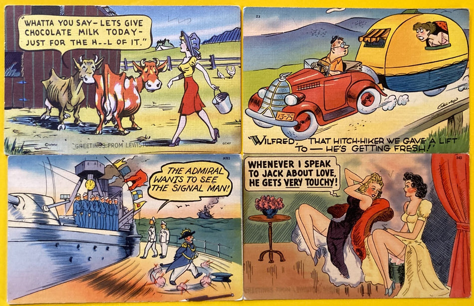 VINTAGE LOT: 4 RISQUE ADULT HUMOR POSTCARDS~HITCH-HIKER~FARM GIRL~TOUCHY~ADMIRAL