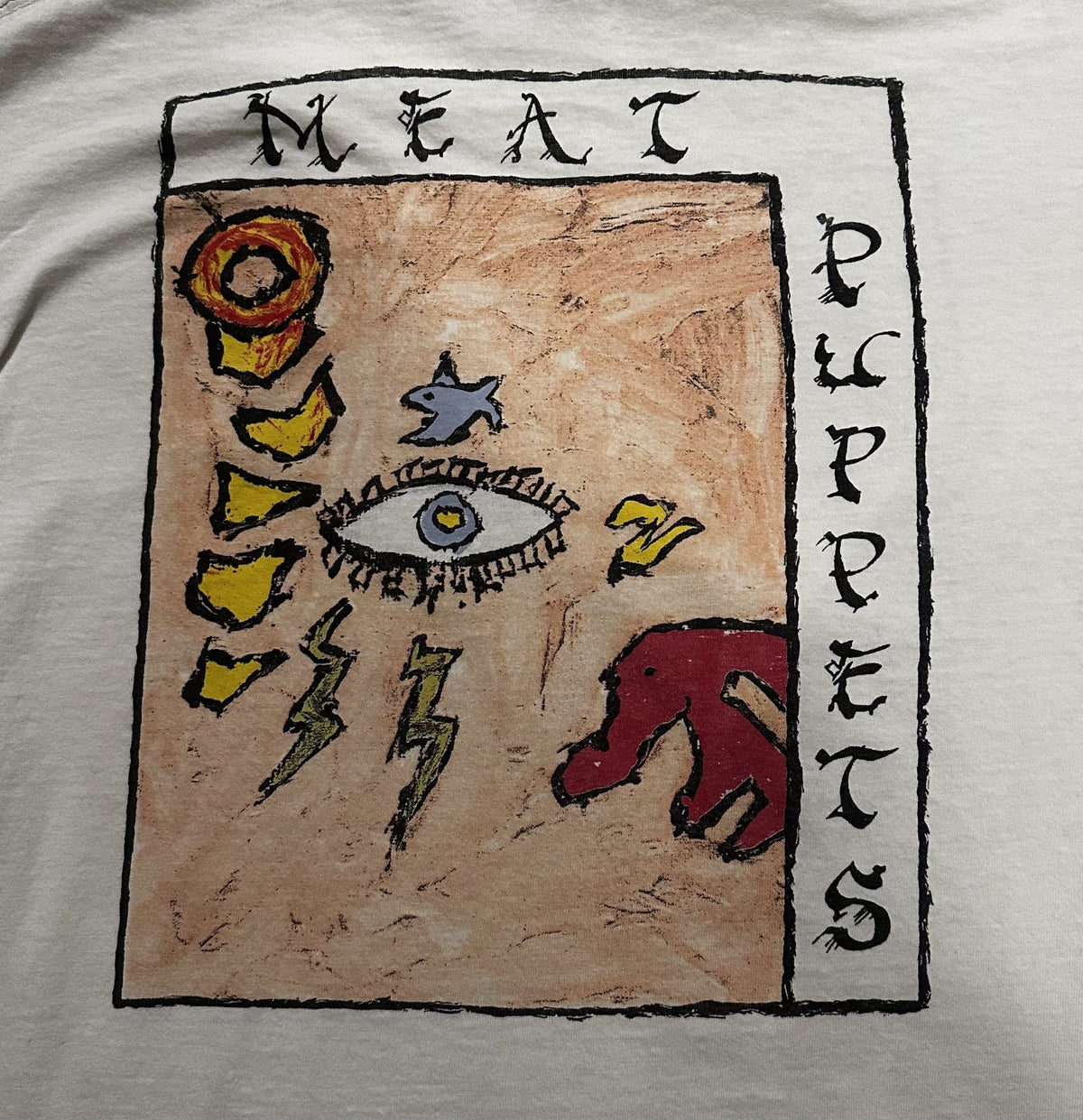 RARE MEAT PUPPETS BAND T-SHIRT~SINGLE-STITCH~ORIGINAL~WHITE~LG~1980s~VINTAGE~VTG