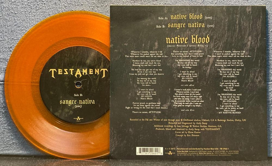 TESTAMENT~NATIVE BLOOD / SANGRE NATIVA~NM LMTD 2012 ORANGE 7-INCH SINGLE~THRASH
