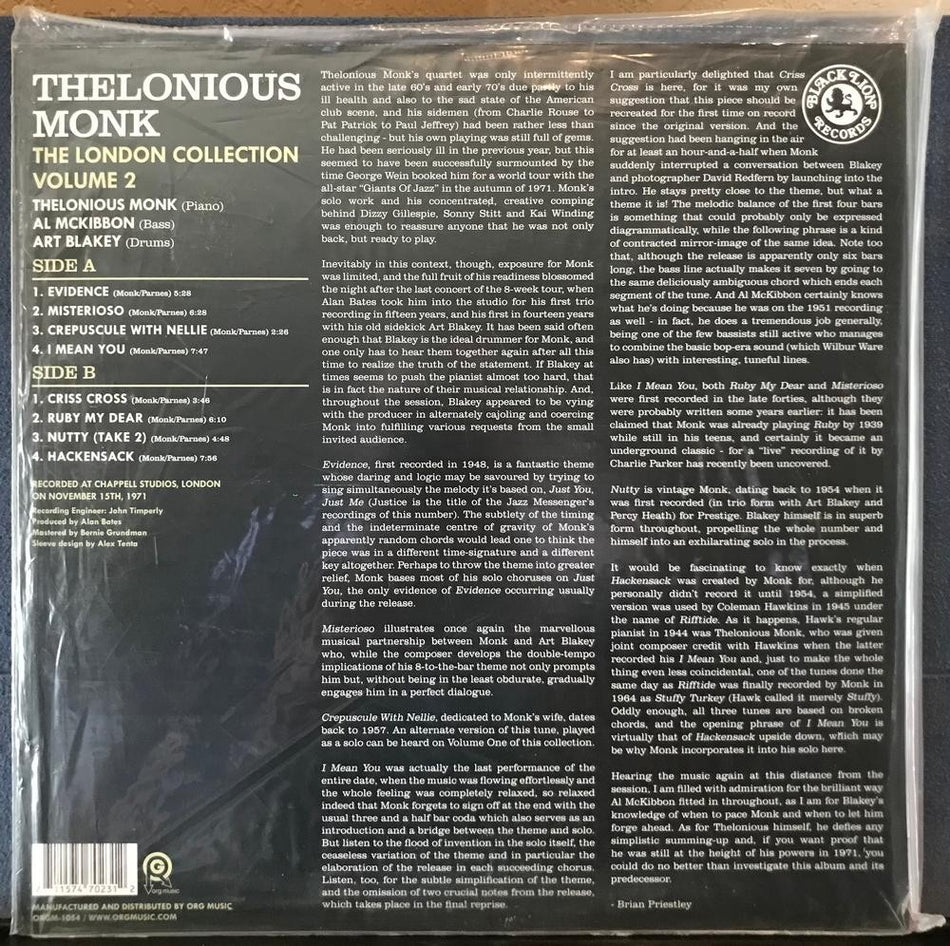 THELONIOUS MONK LONDON COLLECTION VOL. 2~SEALED 2015 BLACK LION 180G AUDIOPHILE