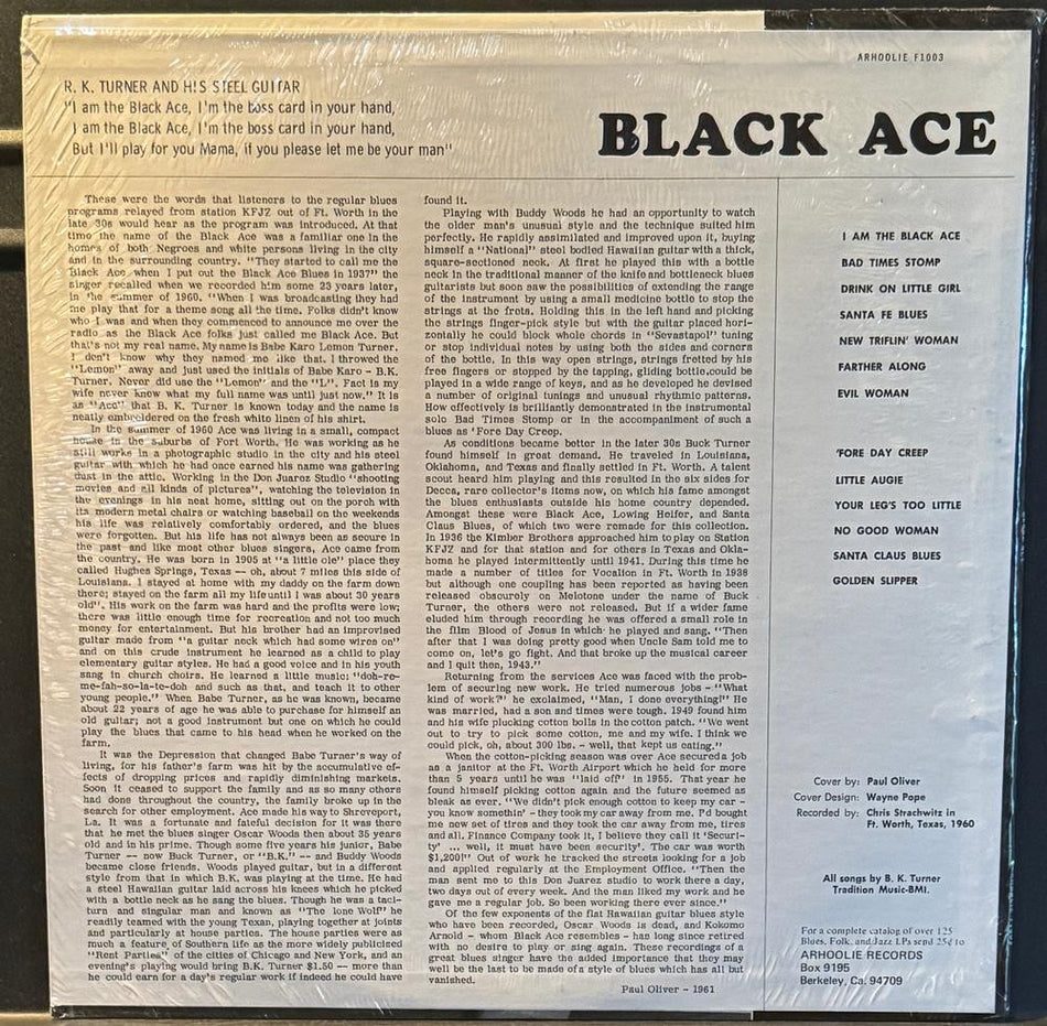BLACK ACE SELF-TITLED~SEALED 1975 ARHOOLIE LP~B.K. TURNER + HIS STEEL GUITAR