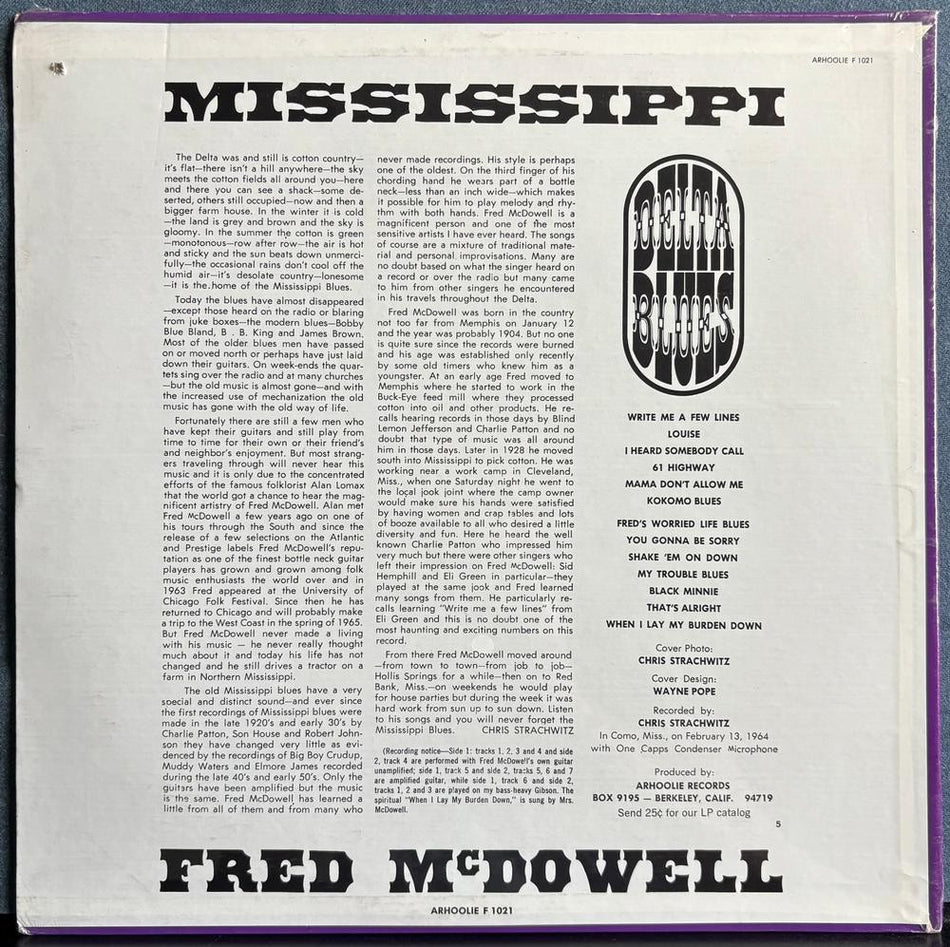 FRED McDOWELL MISSISSIPPI DELTA BLUES~SEALED 1965 ARHOOLIE 2nd PRESS LP~BOX 9195