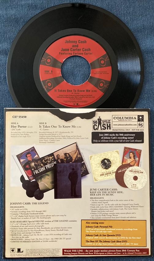 JOHNNY CASH HEY PORTER /IT TAKES ONE TO KNOW ME~NM- 2005 PROMO 7' 45 RPM PIC SLV
