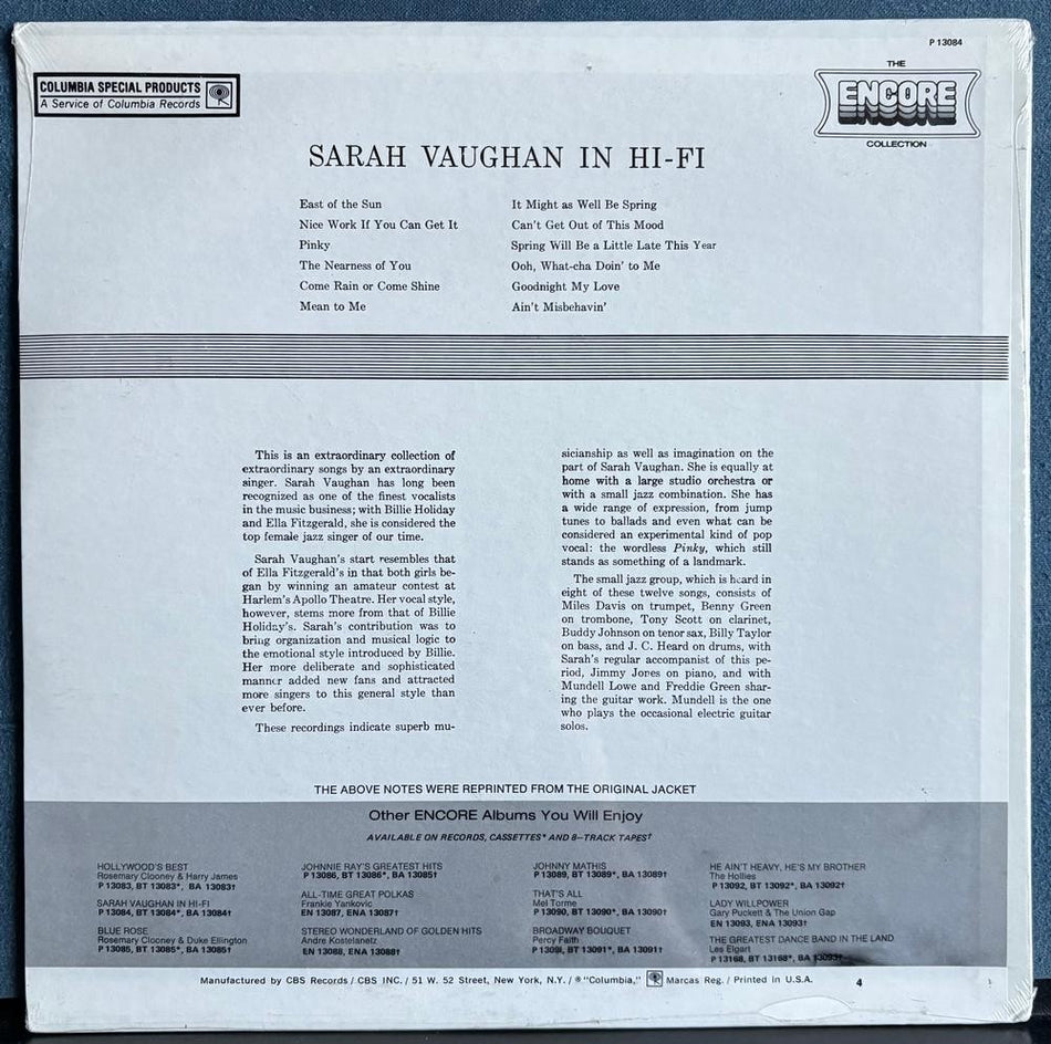 SARAH VAUGHAN IN HI-FI~SEALED '76 MONO COLLECTORS SERIES RE LP~ENCORE COLLECTION