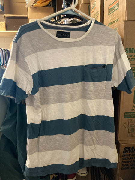 RIP CURL STRIPED CASUAL CREW NECK POCKET T-SHIRT~LARGE~GREEN WHITE & GRAY~EXC