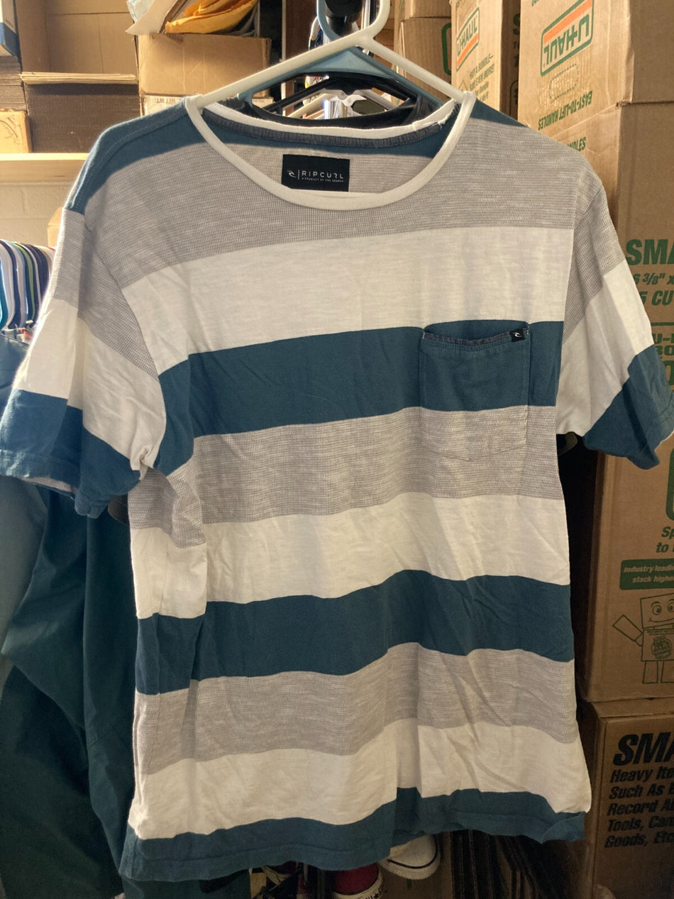 RIP CURL STRIPED CASUAL CREW NECK POCKET T-SHIRT~LARGE~GREEN WHITE & GRAY~EXC