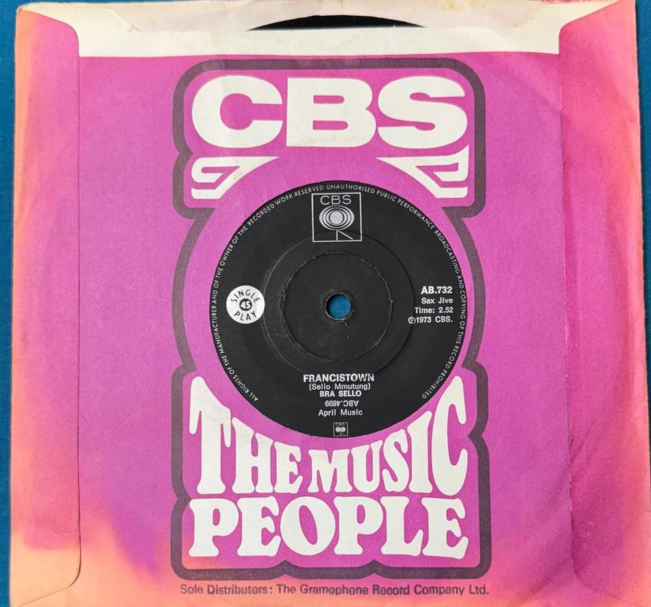 SOUTH AFRICA 45~BRA SELLO IMPOLOMPOLO/ FRANCISTOWN~1973 CBS~SAX JIVE JAZZ~HEAR