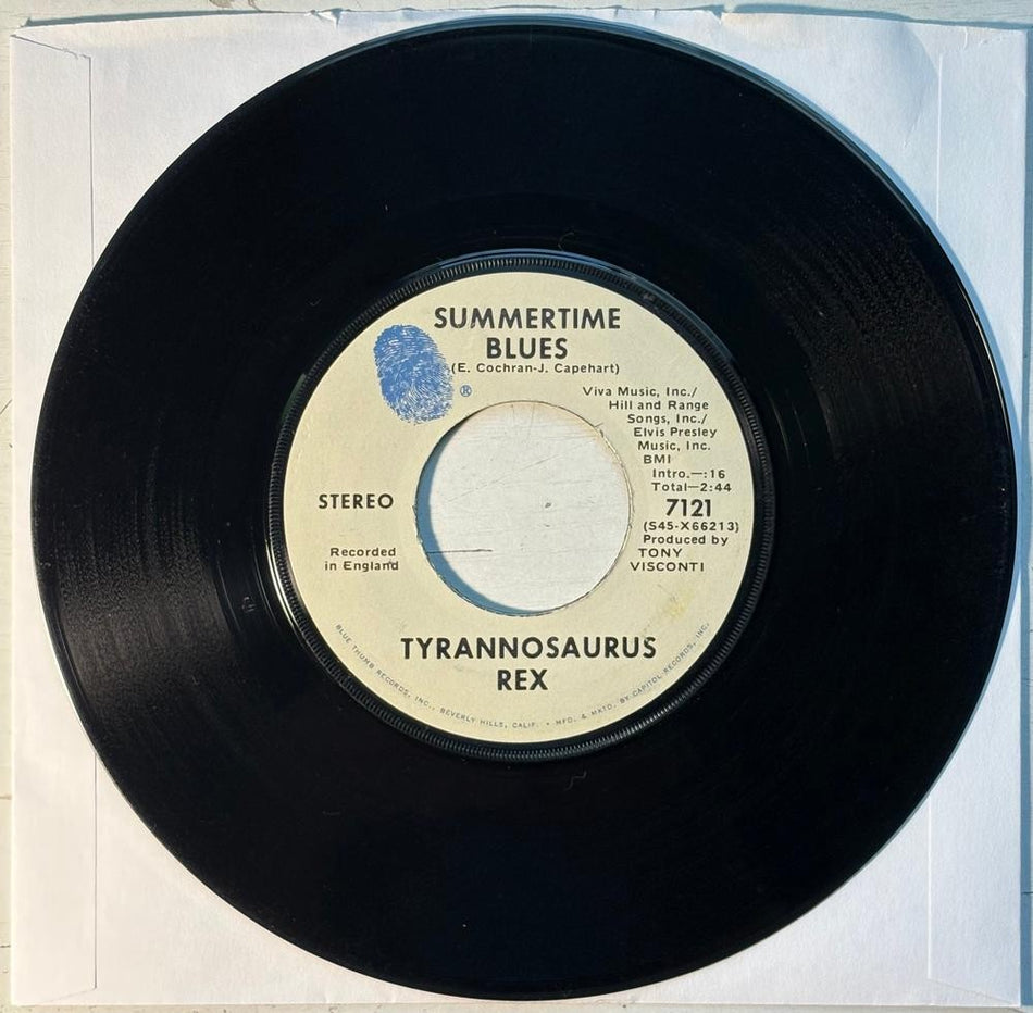 T. REX~RIDE A WHITE SWAN / SUMMERTIME BLUES~1970 BLUE THUMB 7-INCH 45~BOLAN~GLAM