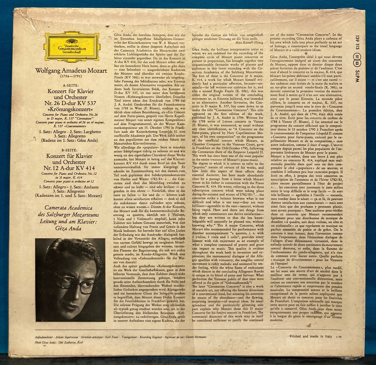 MOZART~GEZA ANDA Piano Concertos KV 537 KV 414~SEALED 1966 ITALY DGG SLPM 139113