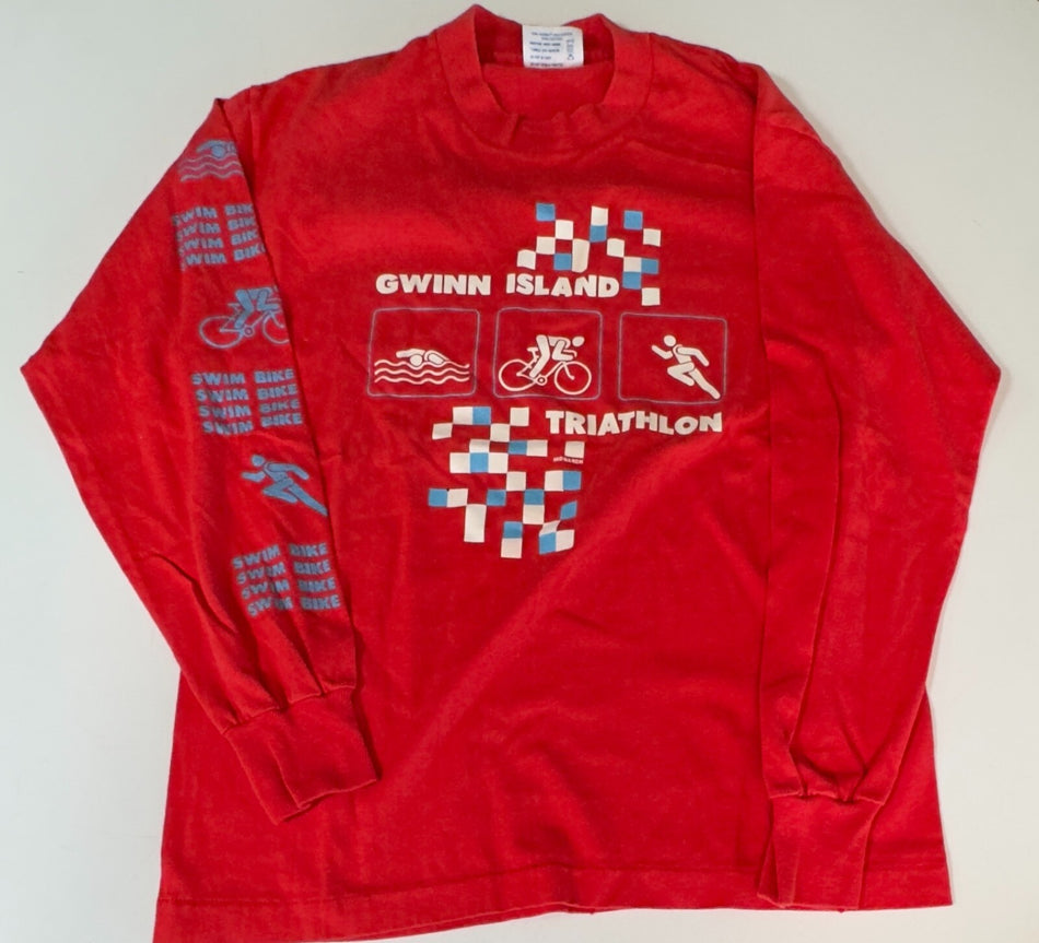 1980s GWINN ISLAND TRIATHLON LONG SLEEVE T-SHIRT~HEF-T SINGLE STITCH~MED~RED
