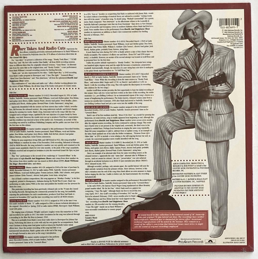 HANK WILLIAMS RARE TAKES & RADIO CUTS~SEALED ORIG 1984 LP~HONKY TONK