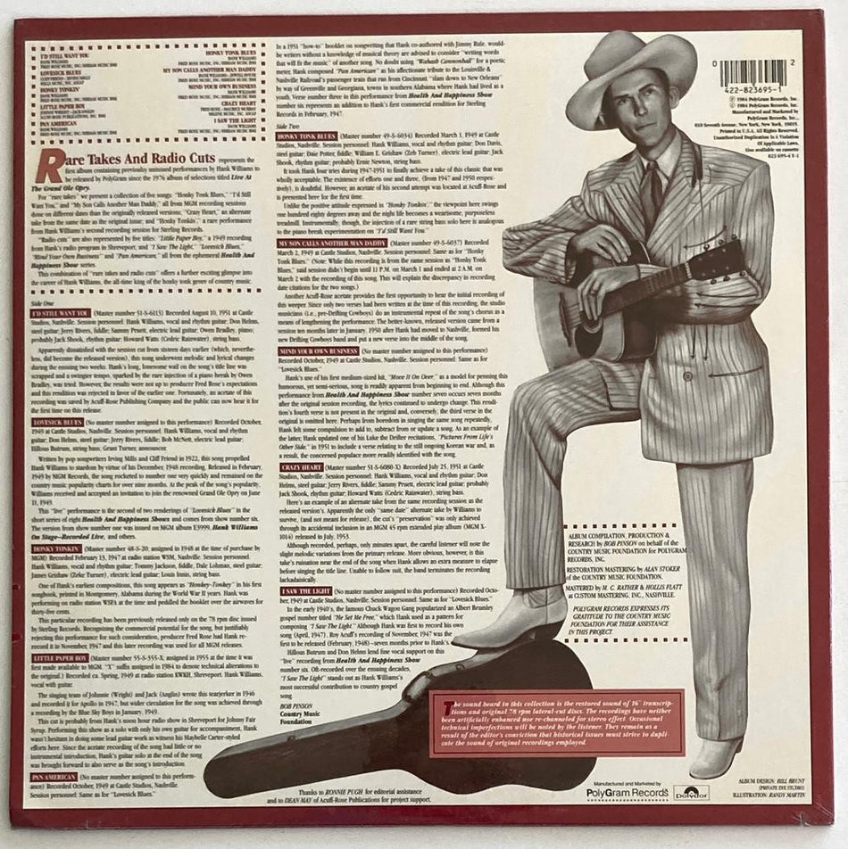 HANK WILLIAMS RARE TAKES & RADIO CUTS~SEALED ORIG 1984 LP~HONKY TONK