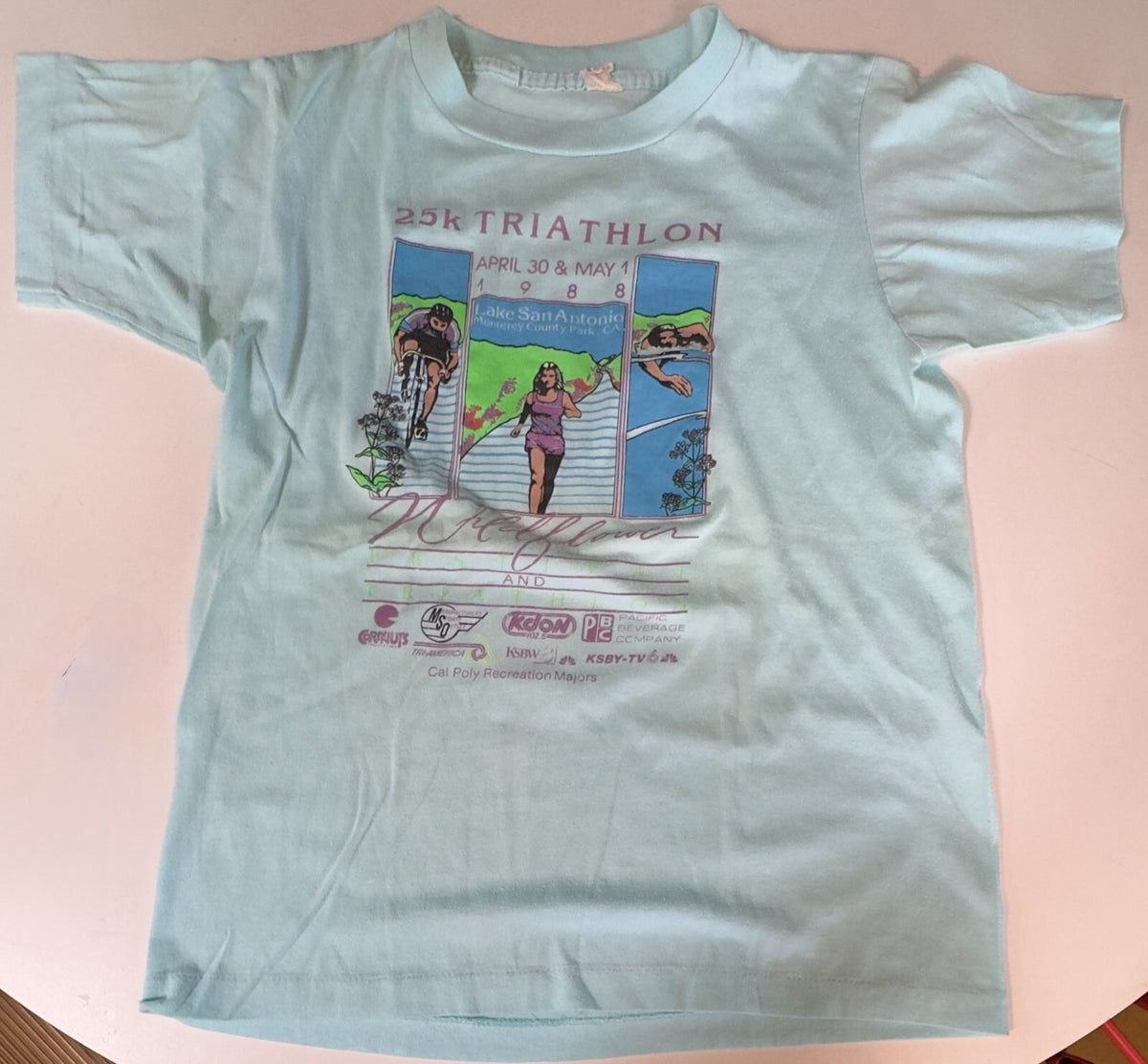 VTG 1988 WILDFLOWER 25K TRIATHALON T-SHIRT~LAKE SAN ANTONIO, CALIF~S/M~LIGHT BLU