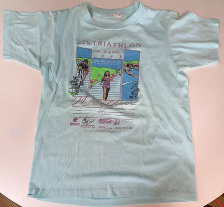 VTG 1988 WILDFLOWER 25K TRIATHALON T-SHIRT~LAKE SAN ANTONIO, CALIF~S/M~LIGHT BLU