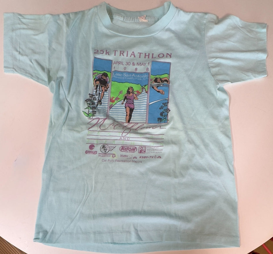 VTG 1988 WILDFLOWER 25K TRIATHALON T-SHIRT~LAKE SAN ANTONIO, CALIF~S/M~LIGHT BLU