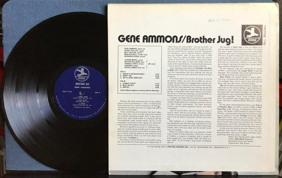 GENE AMMONS BROTHER JUG!~1970 PRESTIGE STEREO BLUE LABEL 1st PRESS LP~SOUL-JAZZ