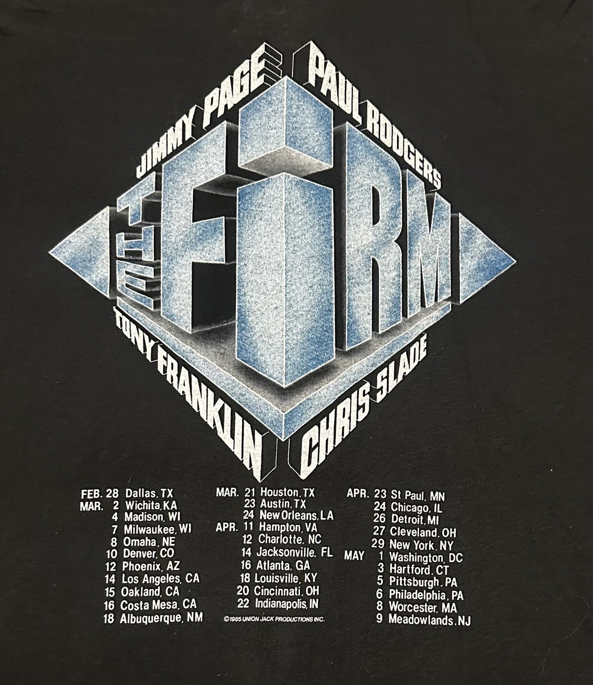 VINTAGE JIMMY PAGE & THE FIRM~1980s TOUR T-SHIRT~XL~BLACK~EXC COND~SINGLE-STITCH