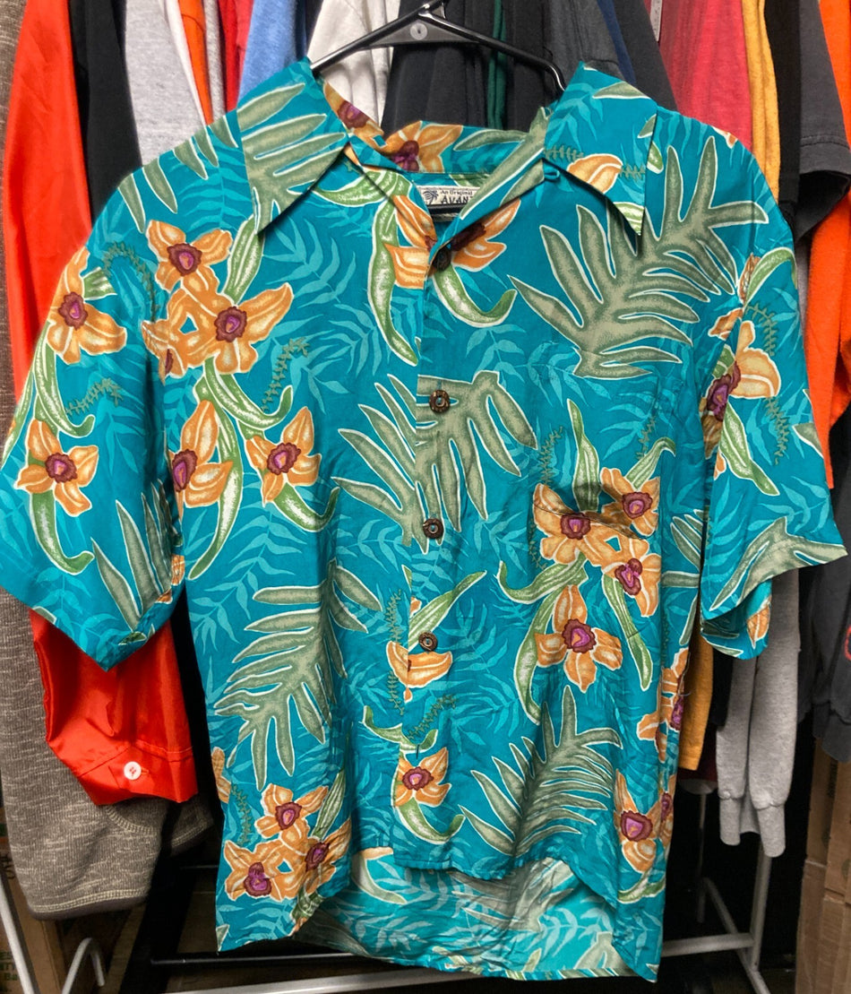 1970s VINTAGE AVANTI LABEL SILK HAWAIIAN SHIRT~EXC ALL AROUND~GRN FLORAL~SM/MED