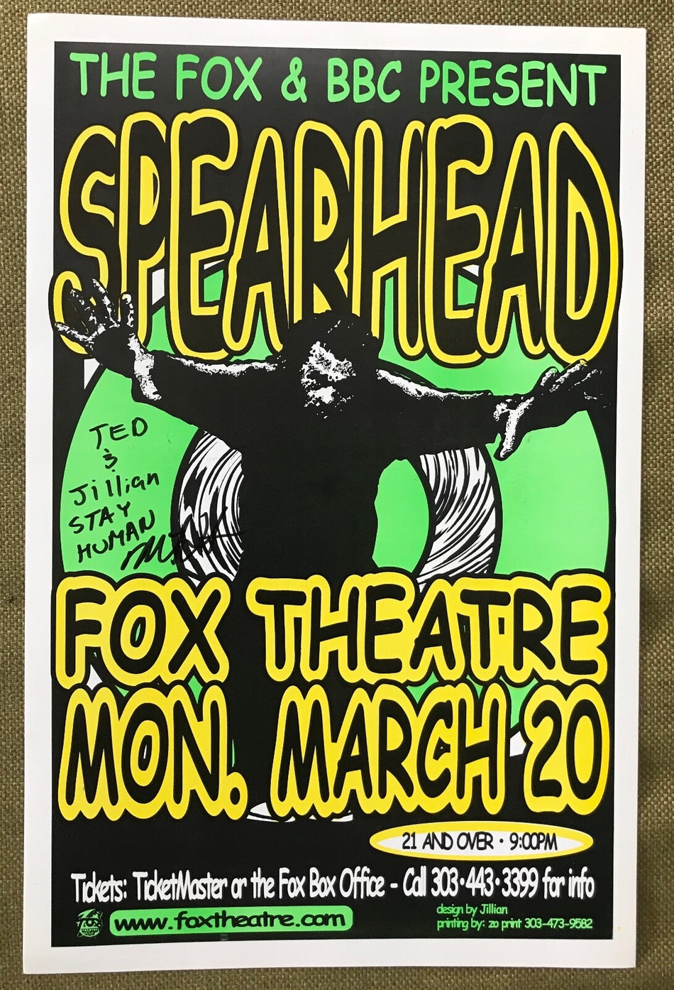 RARE SPEARHEAD 11x17 POSTER SIGNED BY MICHAEL FRANTI~FOX THEATER BOULDER CO 1995