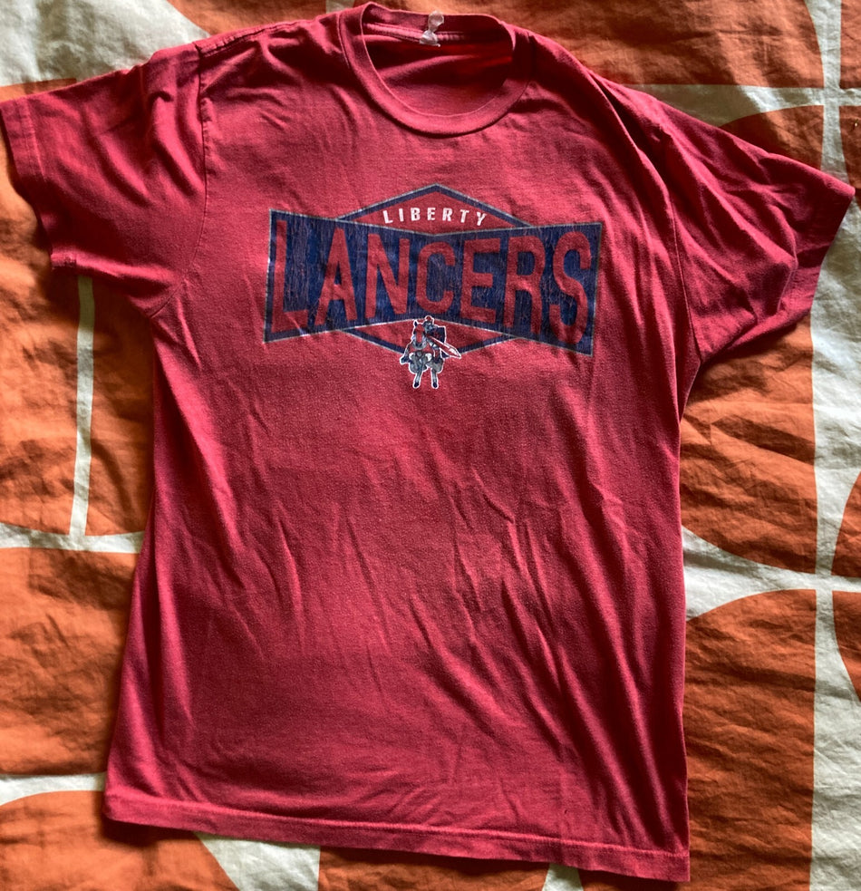 VINTAGE 90s LIBERTY LANCERS LOGO T-SHIRT~COLO. SPRINGS HIGH SCHOOL~RED~MED~EXC