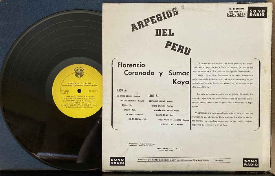 FLORENCIO CORONADO Y SUMAC KOYA~ARPEGIOS DEL PERU~1964 MONO 1st PRESS LP~QUECHUA