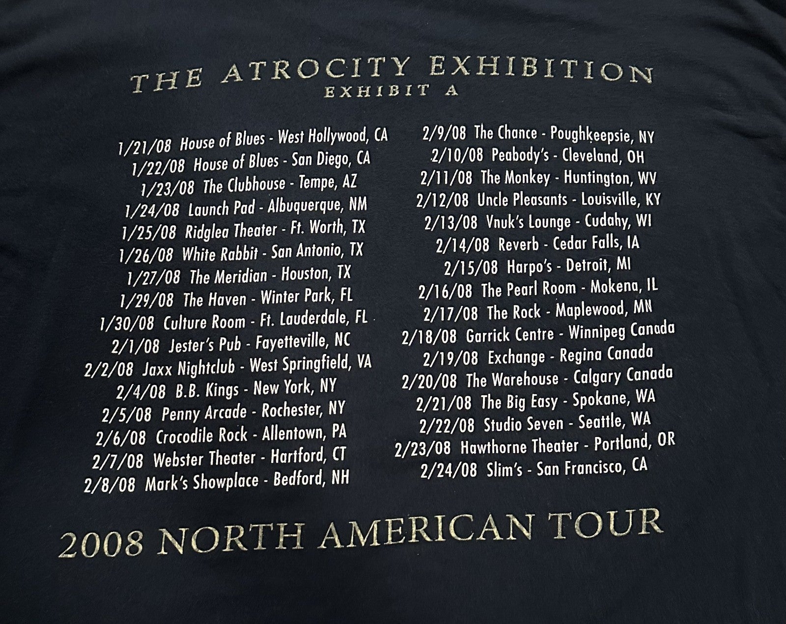 EXODUS CONCERT LONG SLEEVE T-SHIRT~2008 TOUR~THE ATROCITY EXHIBITION~BLACK~XL