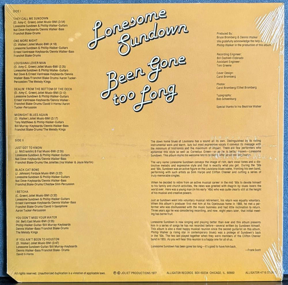 LONESOME SUNDOWN BEEN GONE TOO LONG~SEALED 1977 ALLIGATOR RE LP~LOUISIANA BLUES