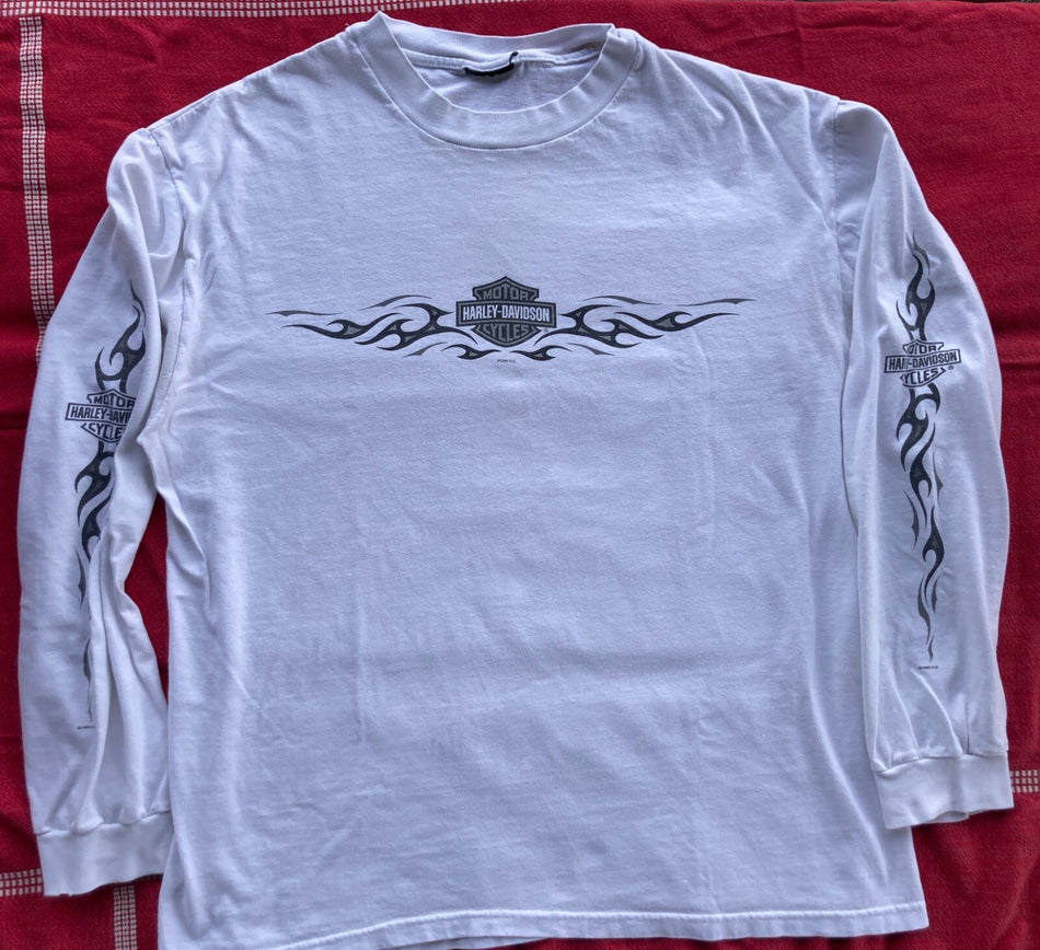 VTG 90s HARLEY DAVIDSON RARE WHITE FLAMES T-SHIRT~LONG SLEEVE~SINGLE STITCH~LRG