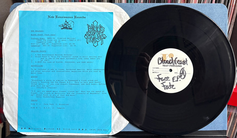 BLOODFEAST FACE FATE EP-RARE 1987 NEW RENAISSANCE TEST PRESS LP-RAINBO-THRASH