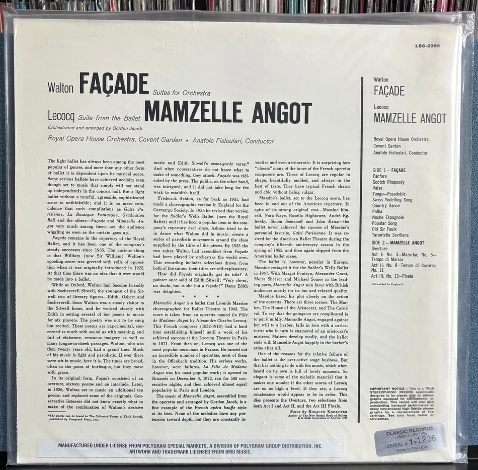 WALTON FACADE-LECOCQ MAMZELLE ANGOT-SEALED LMTD CLASSIC RECS RE LP-BALLET