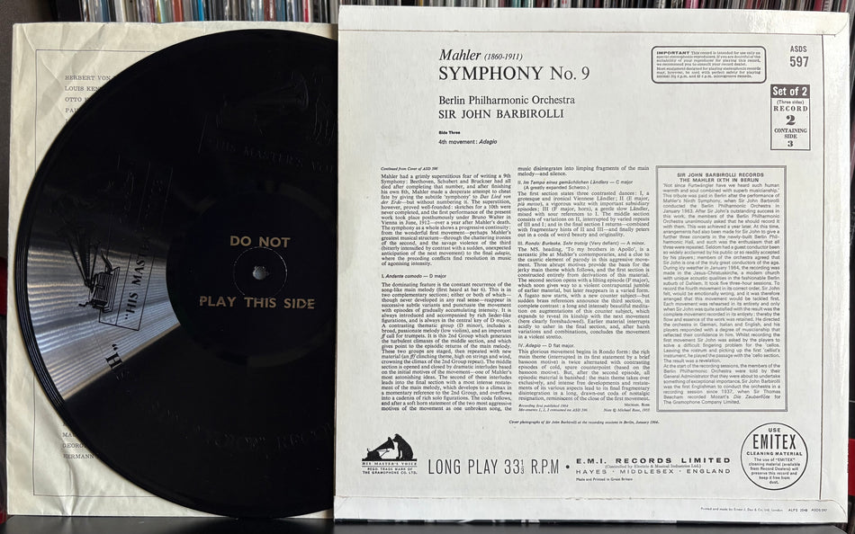 MAHLER-BARBIROLLI-SYMPHONY NO. 9 4th MVT.-BERLIN PHIL. ORCH.-LP 2 ONLY!-1964 UK LP
