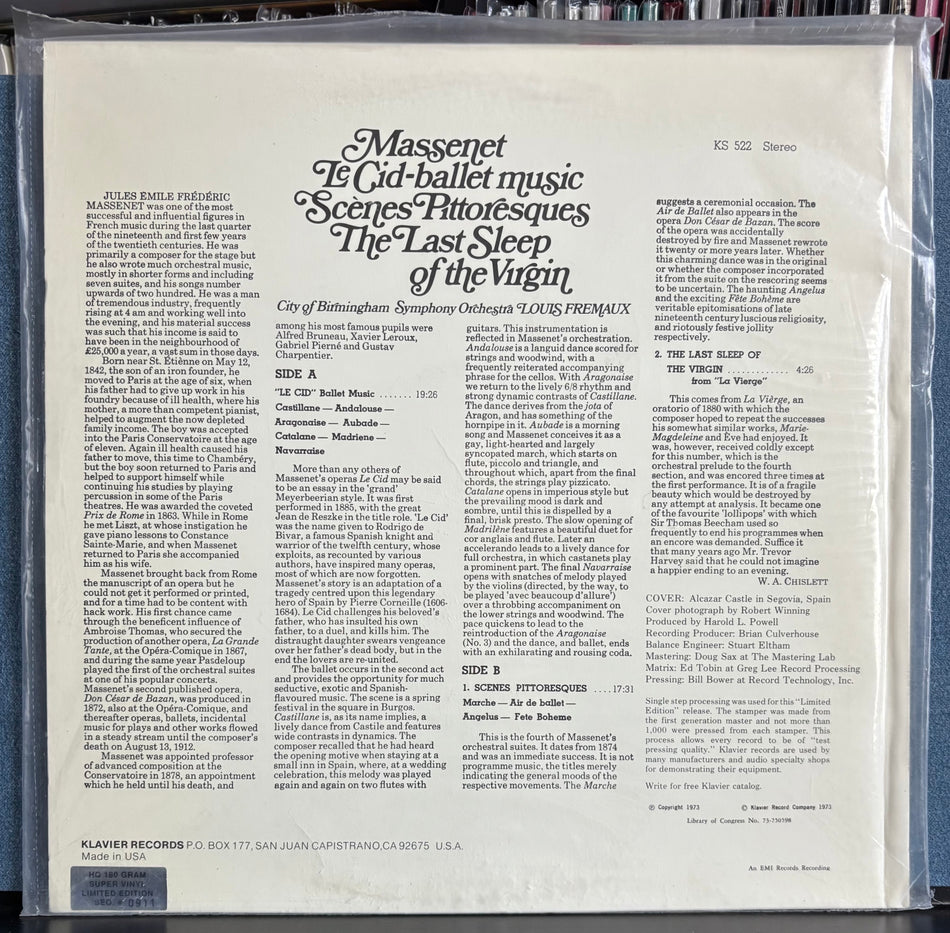 MASSENET-LE CID-BALLET MUSIC-SEALED LMTD KLAVIER 180G AUDIOPHILE RE LP-ROMANTIC