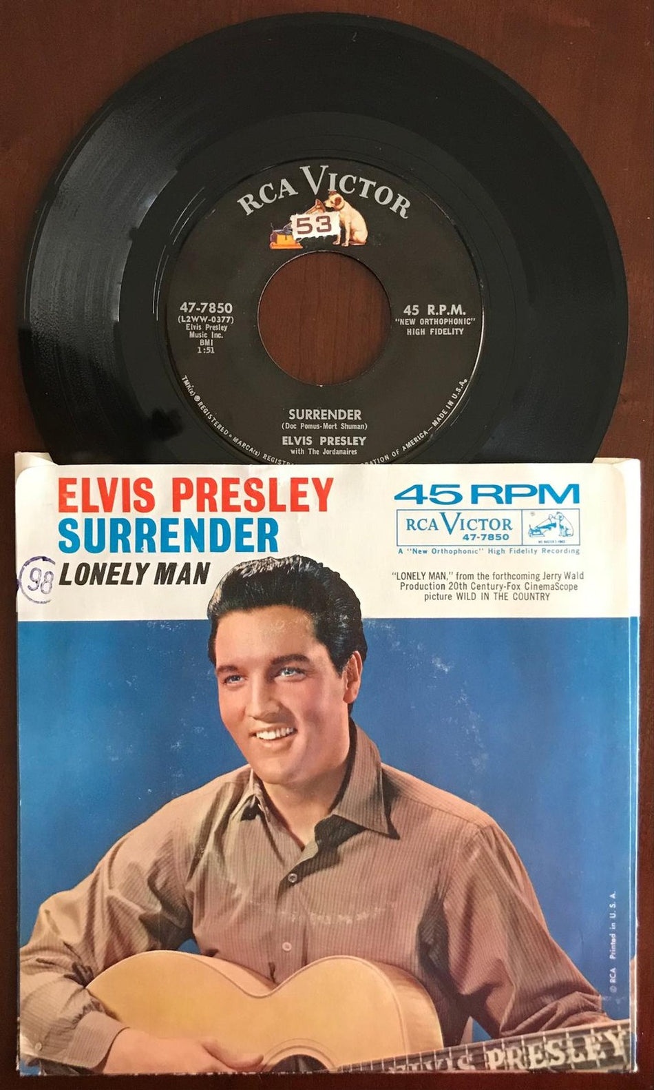 ELVIS PRESLEY~SURRENDER / LONELY MAN~VG++ 1961 RCA 7' 45 RPM PIC SLV~JORDANAIRES