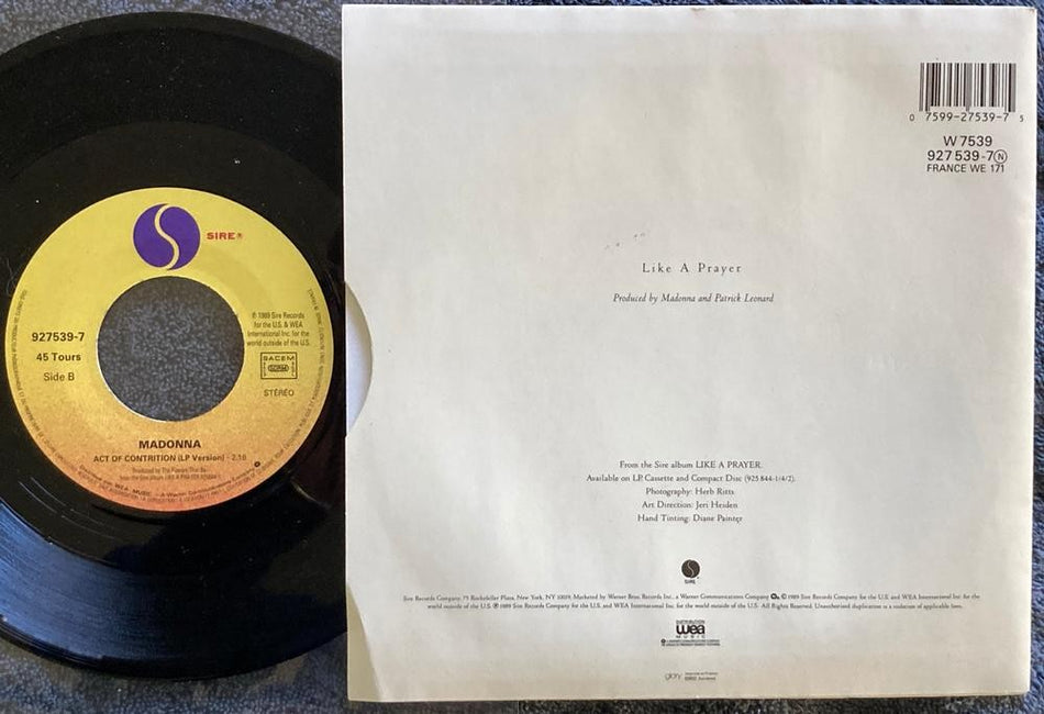 MADONNA LIKE A PRAYER~LIMITED ED 1989 FRANCE PICTURE SLEEVE 7 ~ACT OF CONTRITION