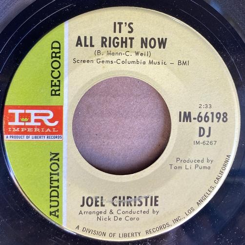 JOEL CHRISTIE SINCE I FOUND YOU/ IT'S ALL RIGHT NOW~ORIG 1966 FUNK/SOUL PROMO 7'