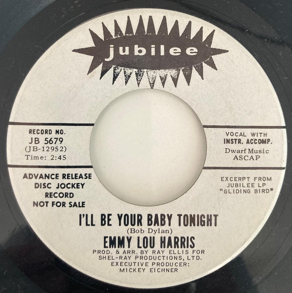 EMMY LOU HARRIS I'LL BE YOUR BABY TONIGHT~NM ORIG 1969 WL PROMO 45~1st SINGLE!