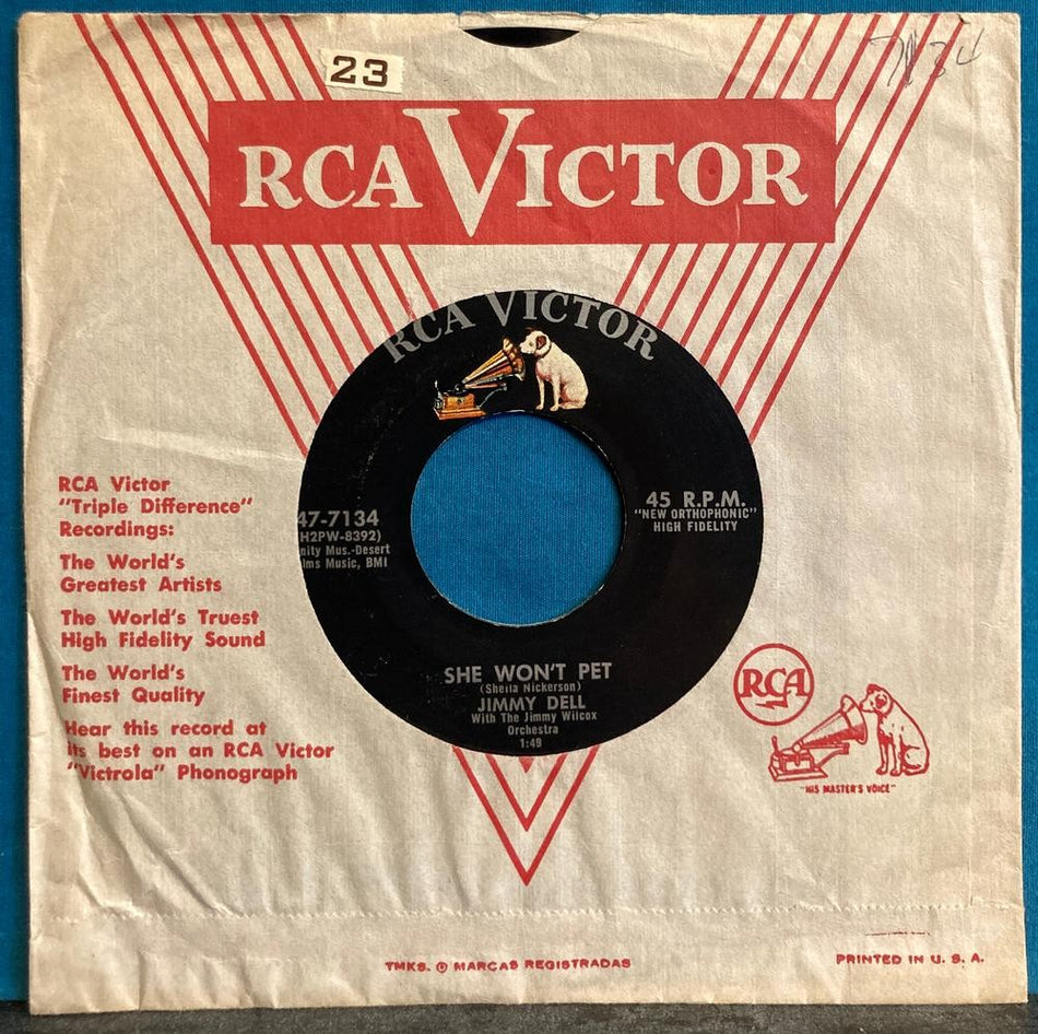 JIMMY DELL TEENY WEENY /SHE WON'T PET~ORIG 1958 PHX ROCKABILLY 45~SIGNED SLEEVE