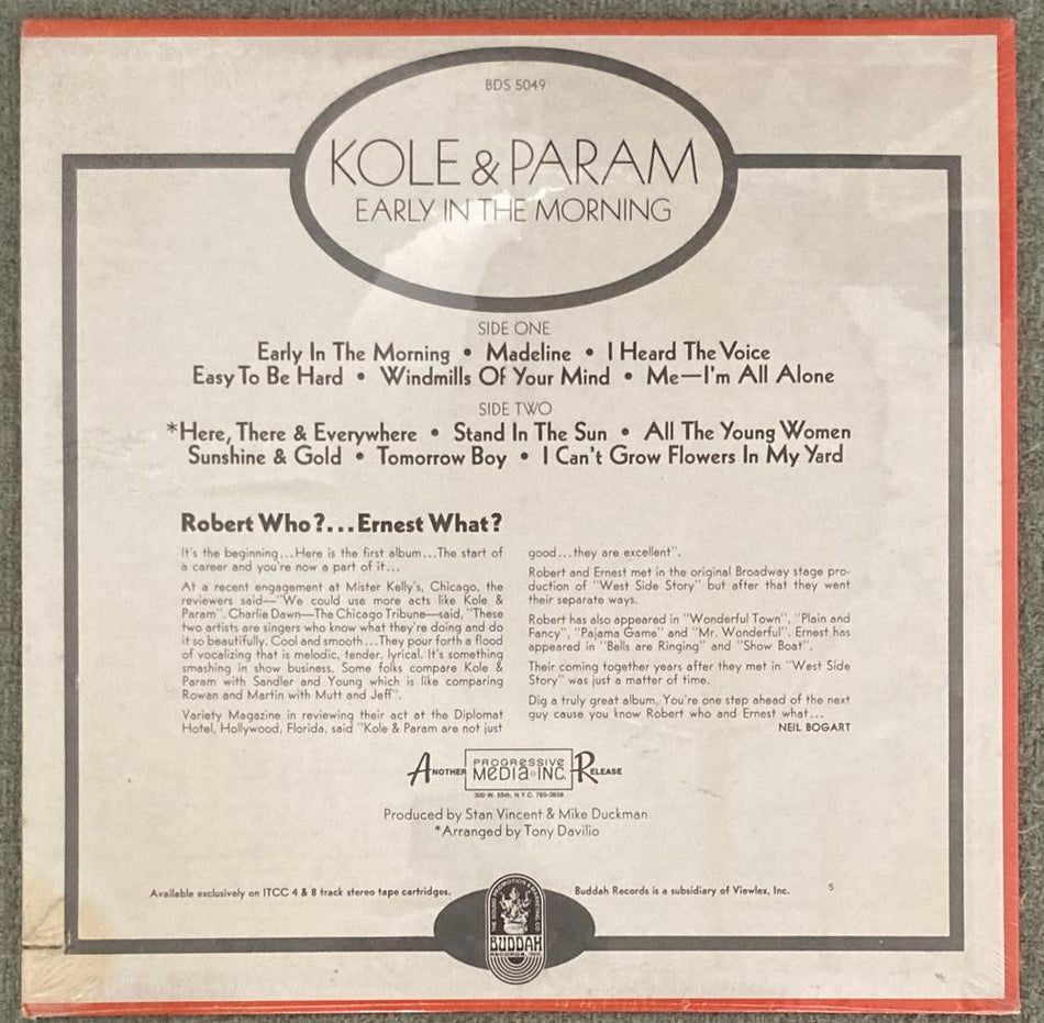 KOLE &  PARAM EARLY IN THE MORNING~SEALED ORIG 1970 BUDDAH LP~ROBERT~ERNEST~ROCK